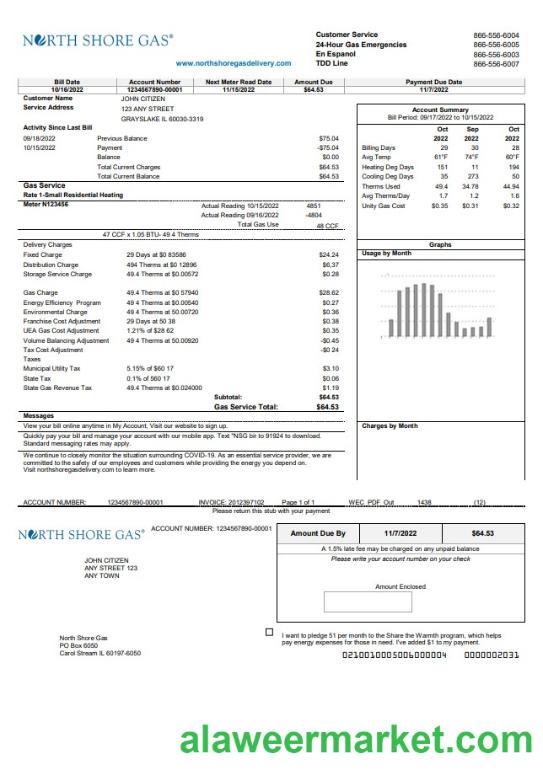 USA Illinois North Shore Gas utility bill template in Word and PDF format